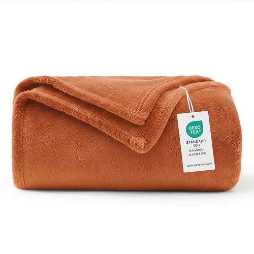 WAVVE Burnt Orange Throw Fleece Blanket Sofa Throw Tangerine 4ft x 5ft - Fluffy Soft Warm Versatile Blanket for Sofa/Couch/Bed Throw/Single Size 130x150 cm