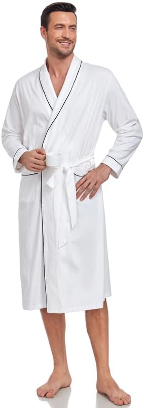 CF Men's 100% Cotton Robe Lightweight Bathrobe Long Sleeve Knit Kimono Sleepwear Soft Knee Length Shower Robe with Pockets - Image 5