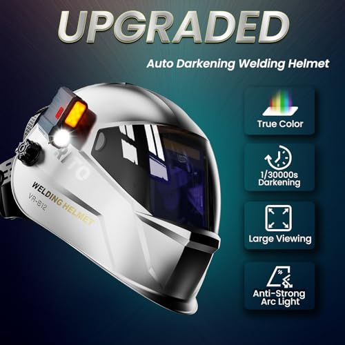 Image of Large View True Color Auto Darkening Welding Helmet with LED Light - Solar Powered, 4 Arc Sensors, 1 /1 /1 /1 Optical Clarity, Wide Shade 4 /5-13 for TIG MIG ARC Grind