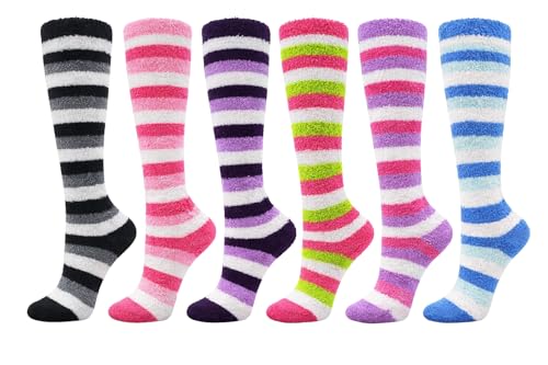 Winterlace Fuzzy Socks Non Skid 6 Pairs for Women Warm Soft Furry Microfiber Comfortable Cozy Bulk Pack (Assorted Striped Knee High)