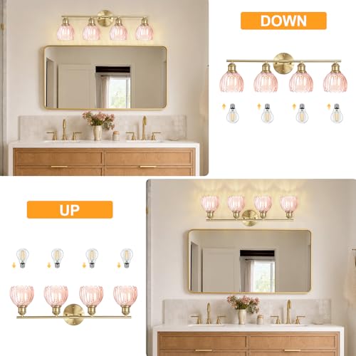 Image of Bathroom Light Fixtures, 4-Light Brushed Gold Vanity Lights for Bathroom with Pink Tulip Glass Shade, 26 inch Vintage Bathroom Vanity Lighting Fixtures Over Mirror for Bedroom Living Room Hallway