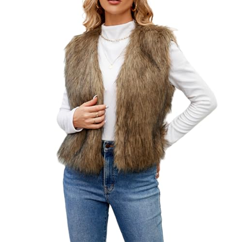 XBTCLXEBCO Women's Faux Fur Waistcoat Vest Fuzzy Sleeveless Open Front Outwear Winter Warm Short Fluzzy Vest Jacket Coat (Brown, M)
