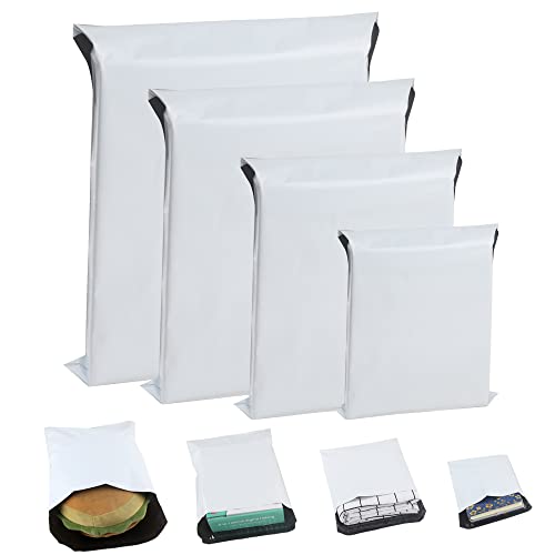 HVDHYY 100pcs Versandbeutel Plastik Versandtaschen Neues Material, Wasserdicht, Selbstklebend, Blickdicht, Folien Versandtüten Weiße für Textilien und Kleidung 350X450mm 300X400mm 230X300mm 170X230mm