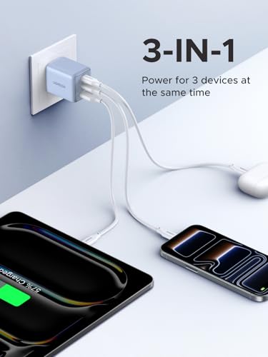 Image of UGREEN 3-Port 30W USB C Charger Block, GaN II Type C Fast Charging, Blue | 2 USB-C & 1 USB-A, Compact Size, Multiple Protection, for iPhone 17 /16 /15, Galaxy S26 /S25, iPad, MacBook Neo /Air