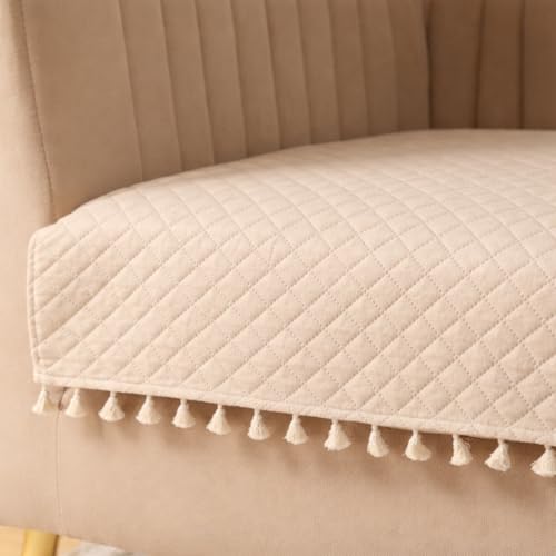 Image of HOMEMONDE 1 Seater Quilted Velvet Sofa Cover with Tassels |Soft, Durable & Premium Fabric with Tassels | Sofa Cover Mats for Living Room, Bedroom, or Drawing Room (76 X 61 CM, Beige)