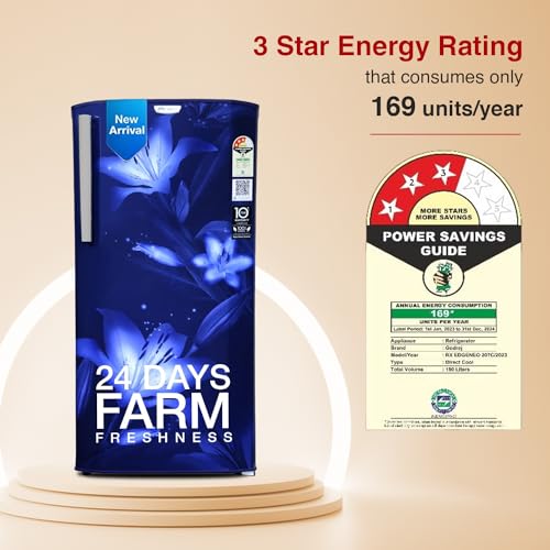 Image of Godrej 180 L 3 Star Turbo Cooling Technology, With 24 Days Farm Freshness Direct Cool Single Door Refrigerator Appliance(2023 Model, RD EDGENEO 207C THF BH BL, Blush Blue)