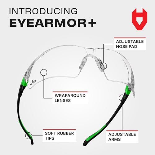 NoCry Clear Safety Glasses for Work with Anti Fog Scratch Resistant Wrap-Around Lenses and Non-Slip Grips, UV Protection. Adjustable Eye Protection Cycling and Squash Glasses with Black & Green Frames