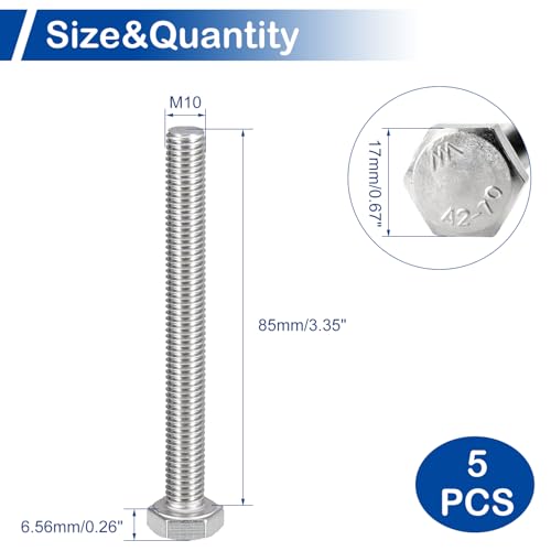 Image of MroMax 5Pcs M10-1.5 Hex Bolts, M10 x 85mm Hex Head Screws Bolts, 304 Stainless Steel 18-8, Fully Threaded, External Hex Drive, for Mounting Chair, Rail, Wheels, Boat and Plastic Bumpers