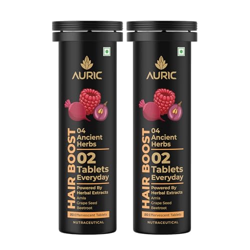 Image of Auric Hair Boost Effervescent Tablets 40 Count | Ayurvedic Formula for Hair Fall Control | Biotin, Zinc, Beetroot & Grapeseed Extracts & Herbal Extracts | Hair Growth & Strength Support