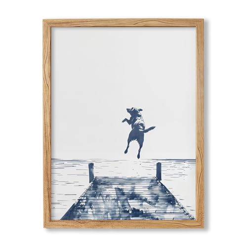 Happy Dog Jumps Off Dock Wall Art 12X16 Inch Wood Framed Blue Summer Lake Posters Fun Animal Jumping Canvas Prints for Trendy Coastal Cottage Wall Decor