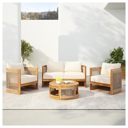 VilroCaz 4-Piece Patio Conversation Set, All Weather Sectional Sofa Set w/ 2 Chairs, Loveseat & Table Premium, Acacia Wood Outdoor Furniture Set with Woven Rope Accents and Cushions (Teak+Beige)