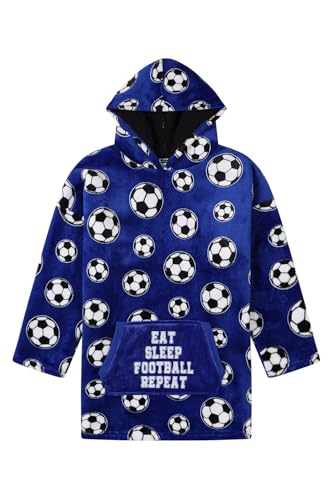 ThePyjamaFactory Boys Eat Sleep Football Blue Fully Lined Luxury Fleece Hoodie, Oversized Fleece Blanket Hoody For Kids 7-13 Years