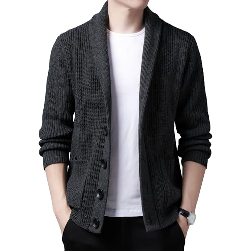 Mens Shawl Collar Cardigan Sweater Long Sleeve Button Cable Knit Men Sweaters Loose Fit Casual Ribbed Knit Cardigans (Black Gray,X-Large)