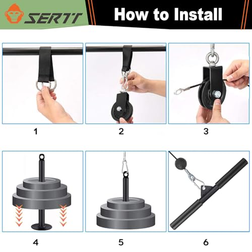 LAT and Lift Pulley System Gym, SERTT Upgraded DIY Fitness Pulley Cable Machine Attachment for Triceps Pull Downs, Biceps Curl, Forearm, Shoulder - Home Gym Exercise Pulley System Equipment