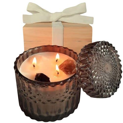 ORCHID AURAHealing Crystal Candle - 14oz Soy Candles with Crystals Inside. White Moonstone, Smoky Quartz, Obsidian. Manifestation Candle for Self-Discovery, Grounding, and Clearing Negative Energy