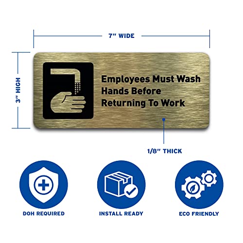 Employees Must Wash Hands Before Returning to Work Sign - Restroom Signs for Business - Includes Adhesive Strips - Modern Bathroom Signs for Offices, Businesses, & Restaurants - Wash your Hands Sign - 7"W x 3"H (Brushed Gold)
