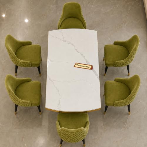 Image of 6-Seater Modern Elite Opal Storage Wooden Dining Table Set | 2 Year Warranty | Created Italian Statuario Marble Top | Elegant Composite Marble Table with 6 Chairs (Sea Green)