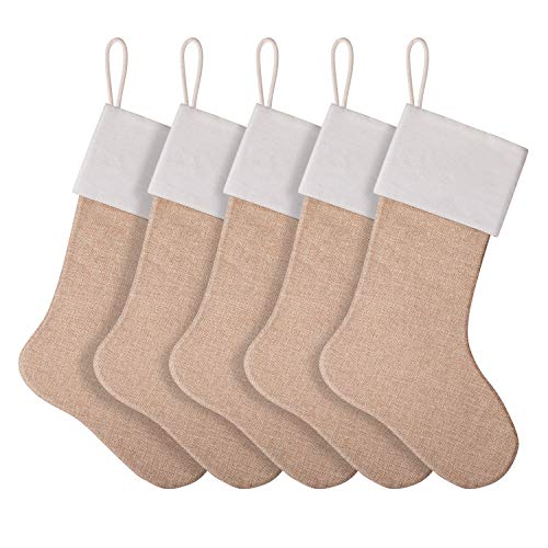 Eeoyu Burlap Christmas Stockings, Xmas Burlap Cotton Fireplace Hanging Stockings Decoration Stockings for Christmas Decoration, Family Christmas Holiday Party and DIY Craft (Color Set 3, 5)