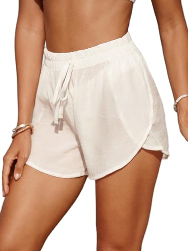 MakeMeChic Women's Drawstring Waist Bikini Cover Up Solid See Through Split Hem Beach Cover Up Shorts White Small