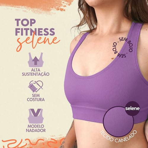 SELENE Top Academia Sem Costura Canelado Poliamida Nadador Sem Costura Feminino, Lilás, M