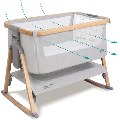 Image of Tutti Bambini CoZee Air Baby Bassinet & Bedside Sleeper - Rocking Bassinet for Baby, Fast-Folding with Travel Bag, Deluxe Airflow Mattress & 6 Mattress Heights, 0-6 Months (Silver & Oak)