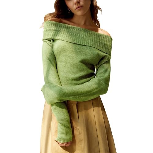 Image of Women Off The Shoulder Sweater Y2k Long Sleeve Boat Neck Knit Cropped Pullover Tops Fall Trendy Going Out Streetwear