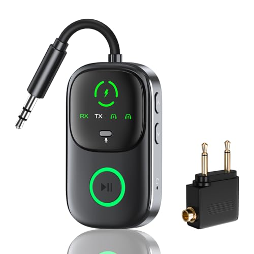 Émetteur Jack Bluetooth 5.4 pour TV, 2025 Nouveau Adaptateur Bluetooth Jack, 2 en 1 Transmetteur Récepteur pour Voiture Prise Aux 3.5 mm, Compatible avec 2 AirPods, Faible Latence, pour Enceinte/Avion