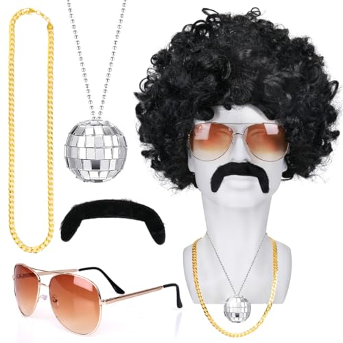 Humairc Perruque Afro Hippie Accessoires Deguisement Hippie Homme Costume Carnaval/Halloween/Disco/Annees 70s 80s Homme - Perruque Lunettes Collier Fausse Moustache