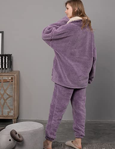 Flygo Women's Fleece Pajamas Sets Fluffy Sleepwear Warm Sherpa Pullover Pants With Pockets (Purple-L) #TOP3