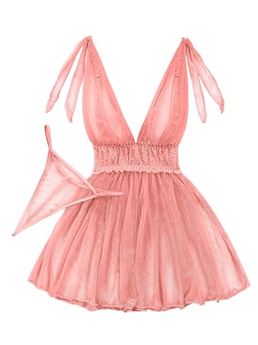Image of Lilosy Sexy Polka Dots Mesh Sheer Lace Babydoll Chemise Lingerie Set Floral Sleep Wear