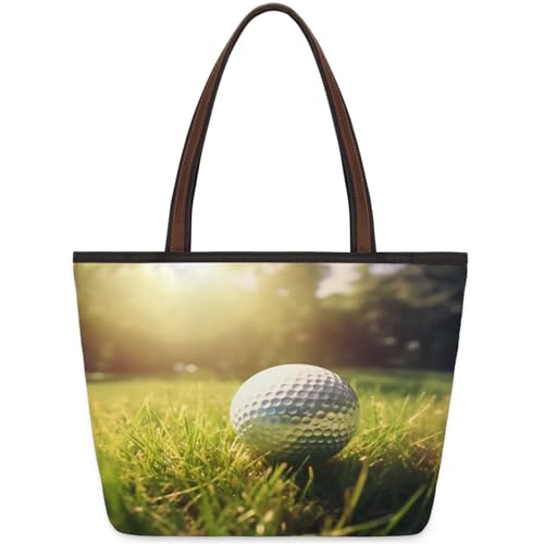 Golf Balls Grass Tote Bag Multi Pocket Zippered Beach Bag Lightweight Waterproof Handbag for Women Men Work Gym Travel Swimming Yoga Grocery Shopping M