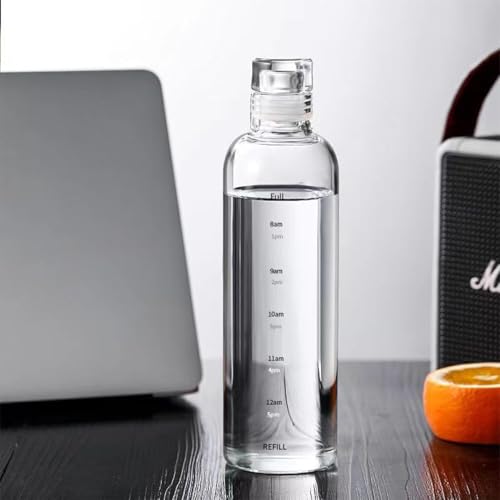 Image of Glass Water Bottle with Time Marker - 500ml Leakproof Reusable Bottle - BPA-Free Transparent Bottle with Colored Lids - Drinking Fridge Bottles Water, Milk, Lassi, Juices, Beverages (white)