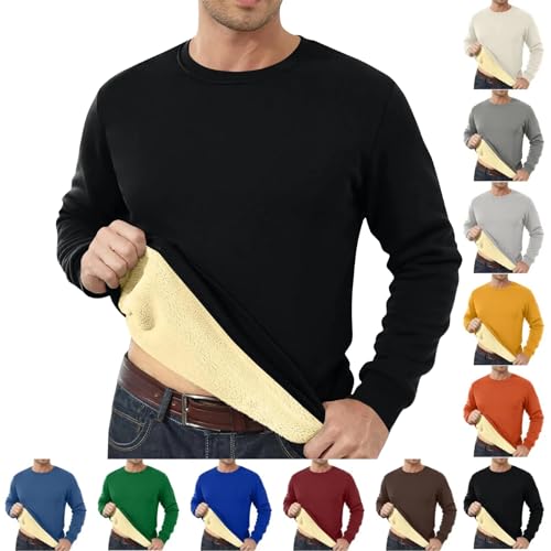 Thermal Shirts for Men,Mens Crewneck Sweatshirts Long Sleeve Sweat Shirt Underwear Winter Warm Crew Neck Sherpa Lined Sweatshirts Black Soft Cotton Fleece Thick Pullover Tops Clothes,XL