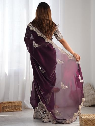 Image of Satrani Women's Tissue Silk Sequin Embroidery Scalloped Border Saree with Unstitched Blouse Piece