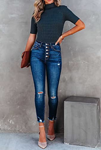 Image of Lacozy Women Casual Short Sleeve Shirt Basic Mock Neck Top Slim Fit Ribbed Knit Pullover Sweater