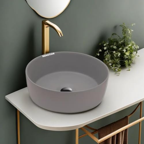 Image of REMOTION Round Countertop Wash Basin For Bathroom | Tabletop Ceramic Bathroom Sink | Wash Basin Over Counter | Wash Basin For Living Room, Resturent (12.5 x 12.5 x 5 Inch) (Matte Grey)