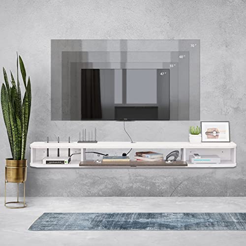 Image of Pmnianhua Floating TV Console,63'' Wall-Mounted Media Console TV Cabinet Floating TV Stand Entertainment Shelf with Door and Storage (Grey White)