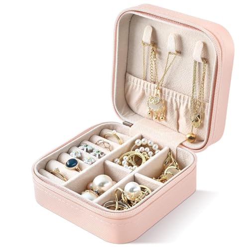 Image of Mini Jewellery Travel Case, PU Leather Organizer Box, Small Portable Jewellery Storage Holder for Womens Rings Earrings Necklaces (Peach-PU Leather Box) (Peach)