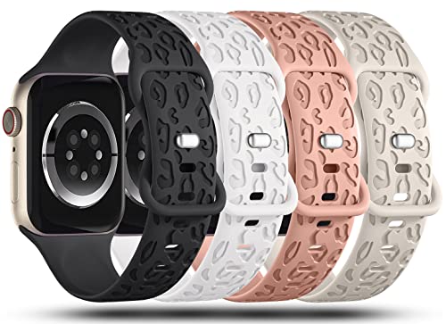 Creategreat Engraved Bands Compatible With Apple Watch Band 41Mm 40Mm 38Mm, Leopard Carve Pattern Soft Silicone Strap Compatible With Iwatch Series 8 7 6 5 4 3 2 1 Se, Women Men,Leopard.4Pcs-A #TOP1