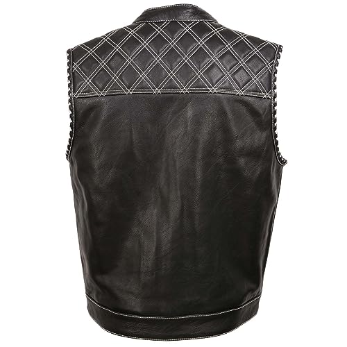 Milwaukee Leather MLM3525 Men's Black 'Paisley' Accented White Stitching Leather Vest – w/Armhole Trim Open Collar Design2