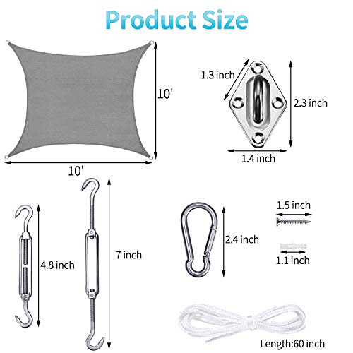 Sposuit 10\' x 13\' Rectangle Sun Shade Sail with Hardware Kit Set - UV Block Canopy Shade Cover for Deck Patio Pool Yard Garden Outside, UV-Resistant, Grey
