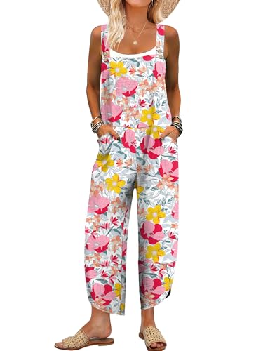 ANRABESS Overalls for Women Casual Summer Jumpsuits Adjustable Straps Loose Fit Bib Overalls Pockets Spring Vacation Clothes Orange Pink Floral Medium