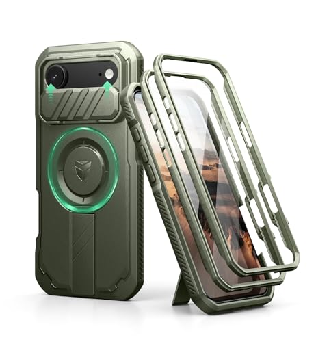 Image of Dexnor for iPhone 17 Air Case with Slide Camera Cover & Adjustable Kickstand & Built-in Screen Protector, Compatible Wireless Charging,Rugged Cases Heavy-Duty Magnetic Protective Cover,Army Green