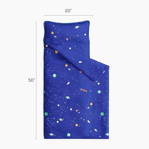 Image of Wake In Cloud - Toddler Nap Mat with Pillow and Blanket, 100% Cotton Fabric, for Kids Boys Ages 3 Plus in Daycare Kindergarten Preschool, Roll Up Sleeping Bag, Galaxy Spaces
