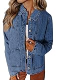 Sidefeel Women's Jean Jacket Long Sleeve Button Down Ruffled Denim Jacket Shacket Light Blue X-Large