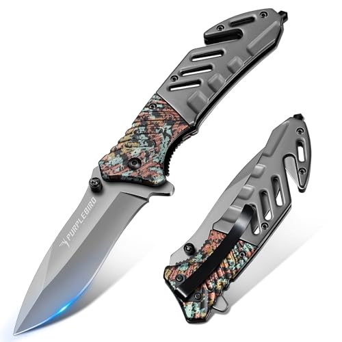 PURPLEBIRD Klappmesser, Rettungsmesser mit Gurtschneider & Glasbrecher, EDC Messer mit Taschenclip, Sicherheitsschloss & Rutschfester Griff für Outdoor & Camping, Geschenke für Männer (Blumenmuster)