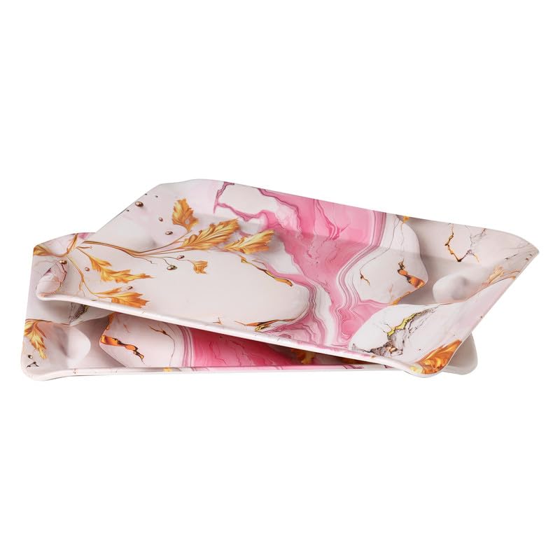 Image of Golden Fish Floral Print Serving Tray Set of 2 Medium Size for Kitchen Dining and Tea Serving Rectangular Melamine Snack Tray Lightweight Durable Multipurpose Food Serving Tray Home and Party Use