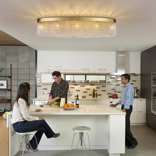 She's home Rectangular Crystal Chandelier Flush Mount 40", Gold Ceiling Light,Large K9 Raindrop Light Fixture,10 Lights Modern Chandeliers with Hammered Metal Lamp Body for Dining Room Over Table by She's home - Image 6