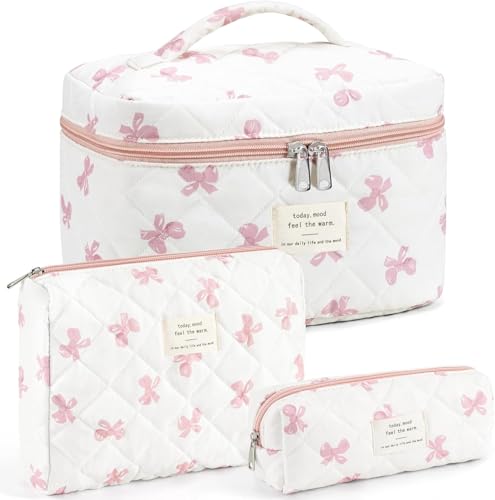 Image of Lyrovo Makeup Organizer Cosmetic Bag Quilted Large Floral Make Up Organize Set for Women Flower Travel Toiletry Bag (TIE-Pink)