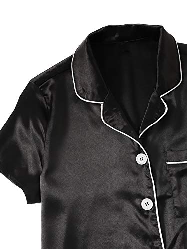 Wdirara Women's Sleepwear Striped Satin Short Sleeve Shirt And Shorts Pajama Set Dull Black S #TOP27